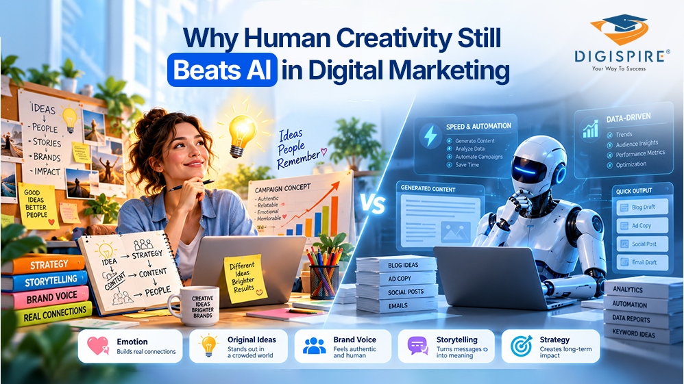 Human creativity in digital marketing combining innovative ideas, storytelling and AI-powered tools to create impactful marketing campaigns.